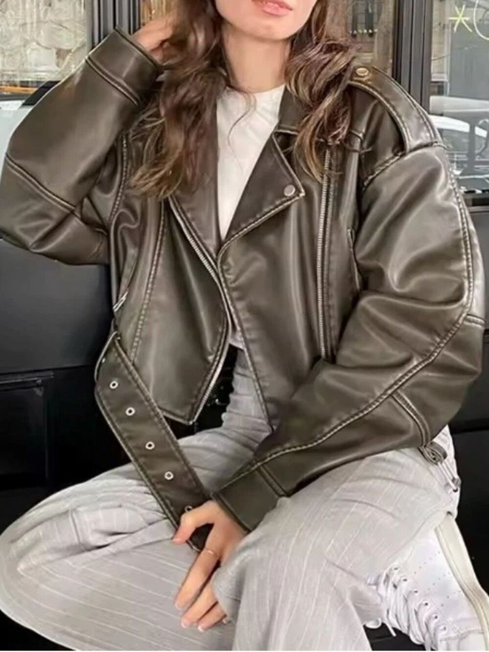 ZARA Molly-Mae Style Faux Leather Cropped Biker Jacket Size XL